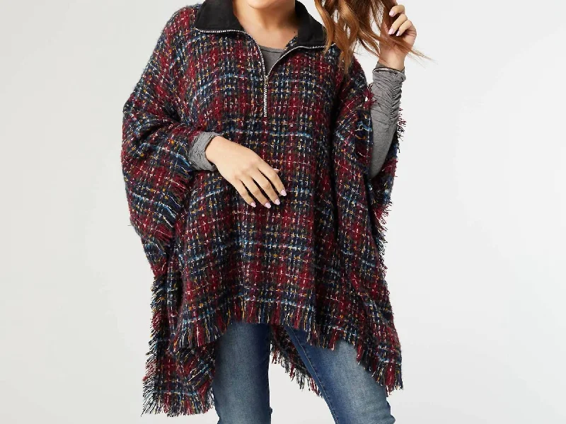 All-Day Wear Textured Knit Cardigan Aspen Quarter Zip Poncho With Faux Leather Trim In Merlot/navy