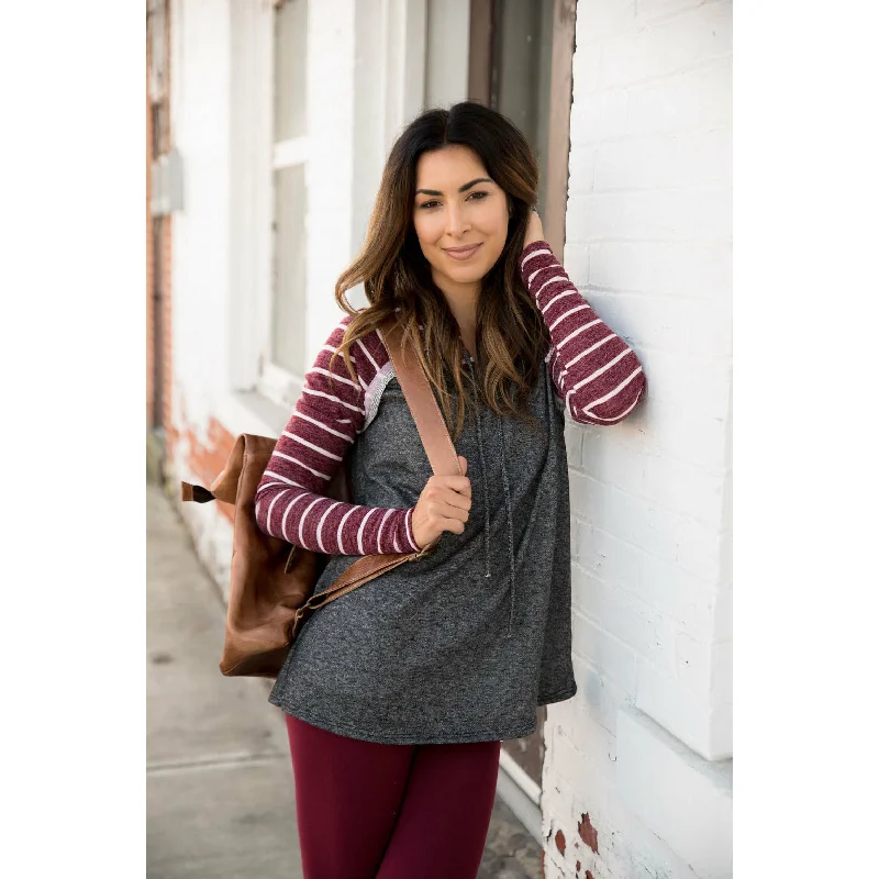 Cozy Sweaters Thermal Hoodie Burgundy Striped Charcoal Hoodie