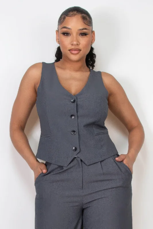 Effortless Dressing Fine-knit Wool Sweater Buttoned Solid V-neck Vest Top