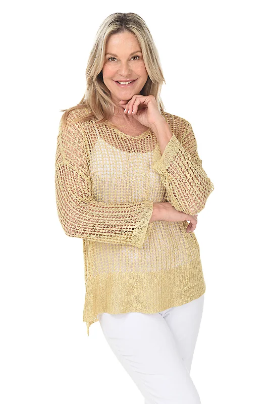 Casual Comfort  Button front sweater Gold Open Crochet High-Low Sweater