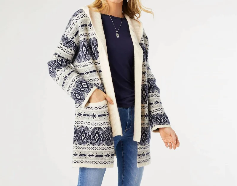 Trendy Wear Knit Sweater with Ties Chantal Hooded Cardigan With Pocketsiu In Navy/winter White