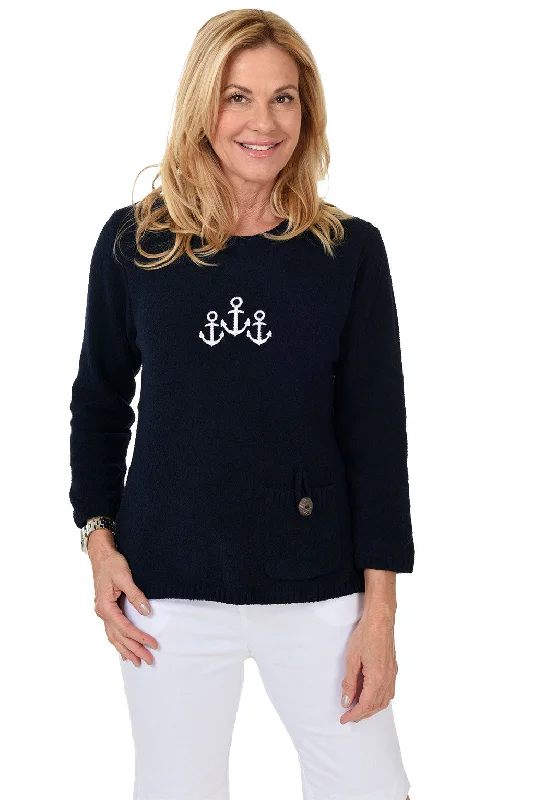 Sporty Wear Fleece-lined Knit Sweater Navy Anchor Embroidered Chenille Sweater