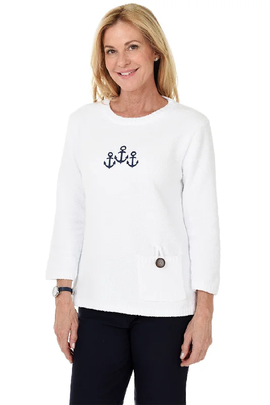 Casual Fit Wear Ribbed Knit Top White Anchor Embroidered Chenille Sweater