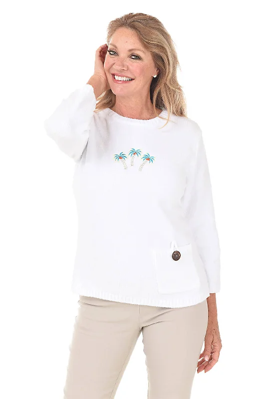 Comfy Layers Mock Neck Knit Top Palm Tree Embroidered Chenille Sweater