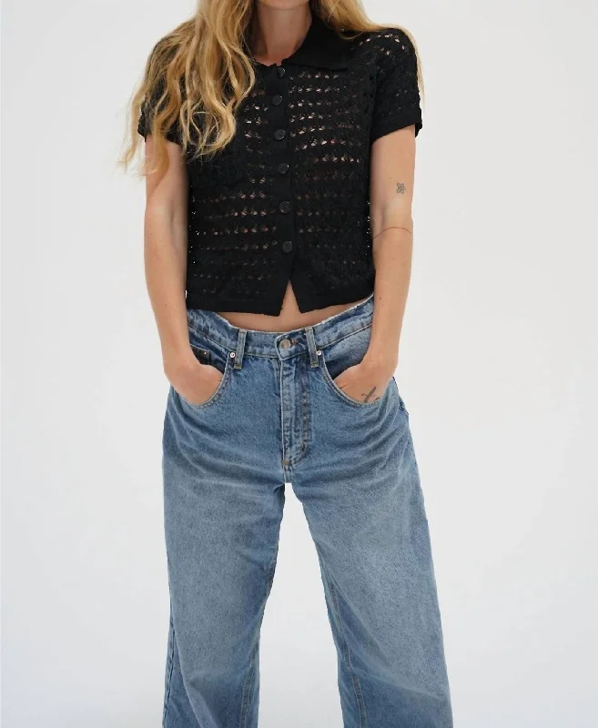 Cozy Apparel  Plaid knit sweater Delfina Crochet Top In Black