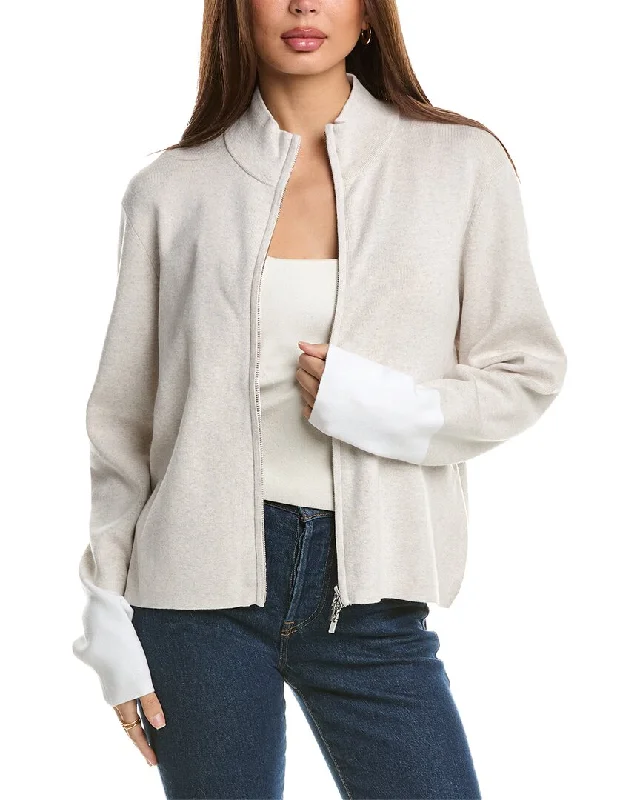 Comfy Chic Soft Knit Jumper Forte Cashmere Contrast Trim Zip Mock Cardigan