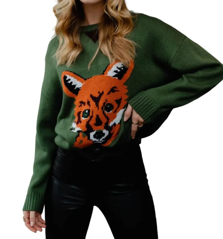 Trendy Wear Relaxed-fit Knit Cardigan Fox Sweater In Green
