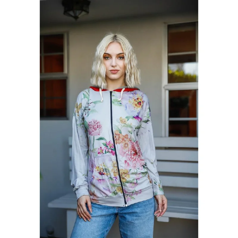Versatile Style Knit Shawl Collar Sweater Grey Pink Flower Print Contrast Double Hood Sweater