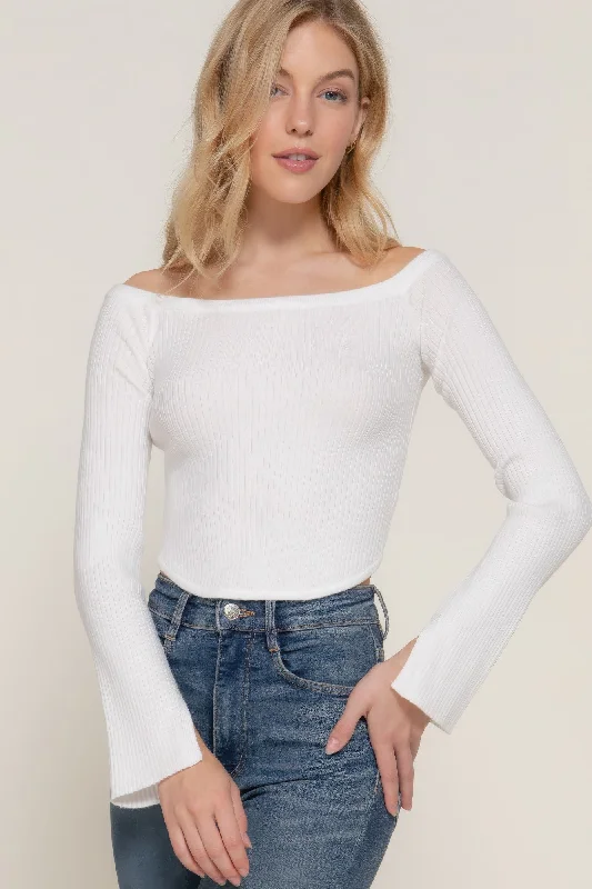 Comfortable Tops Knit with Zipper Back Long flare slv off shoulder sweater