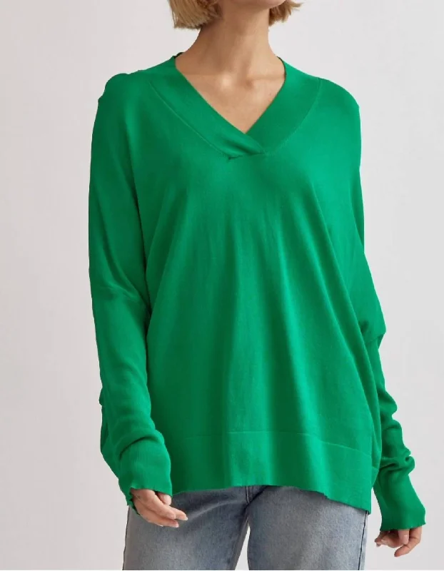 Easy Comfort Style Wool Knit Sweater Long Sleeve Knit Top In Kelly Green