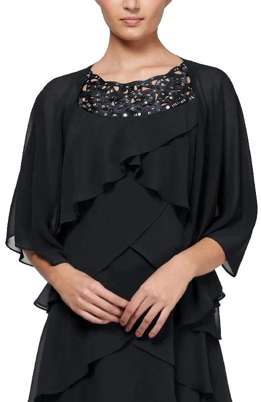 Timeless Comfort Lace Knit Sweater Multi Wear Chiffon Shawl In Black