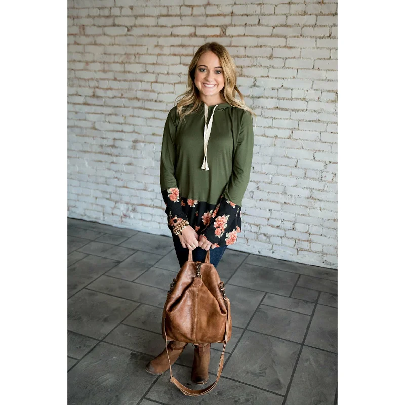 Effortless Comfort Puffy Hoodie Olive Floral Tipped Hoodie