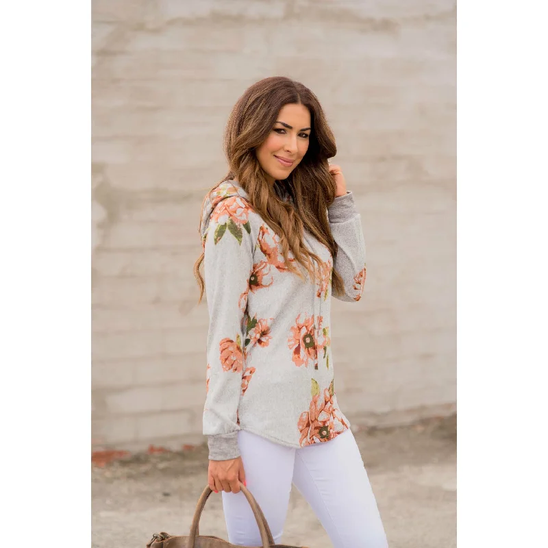 Sporty Elegance Stylish Hoodie Peach Floral Grey Hoodie
