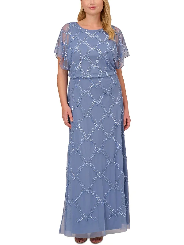 Comfort Fit Tiered dress Plus Womens Mesh Embellished Evening Dress