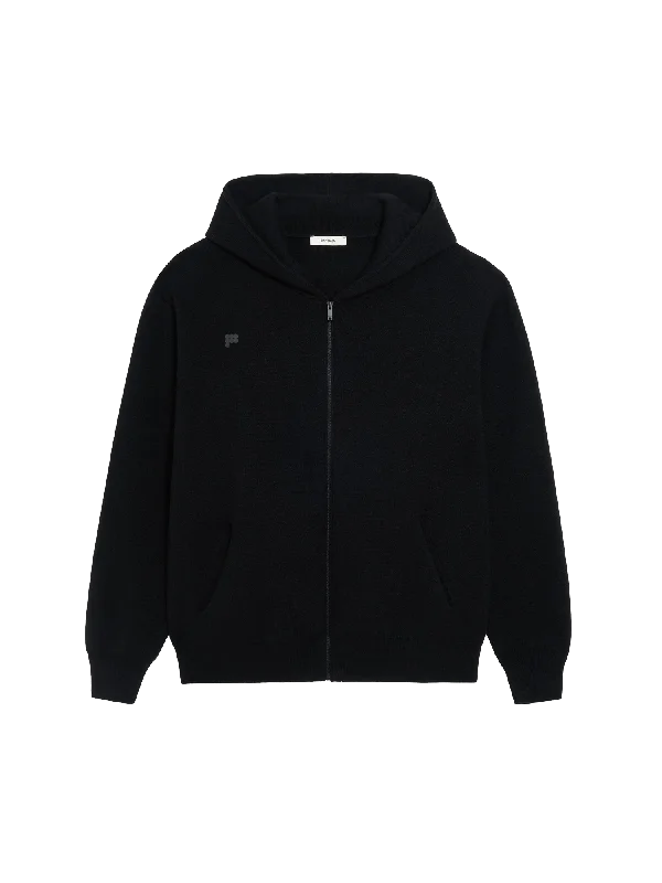 Stylish Ease Drawstring Hoodie Womens Recycled Cashmere Zipped Hoodie—black