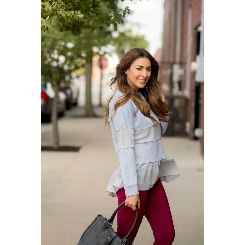 Cozy Knits Breezy Hoodie Ruffle Bottom Blouse Accent Hoodie