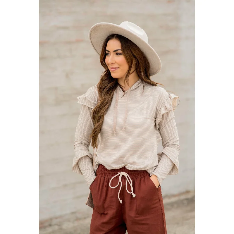 Minimal Comfort Activewear Hoodie Ruffle Sleeve Striped Hoodie
