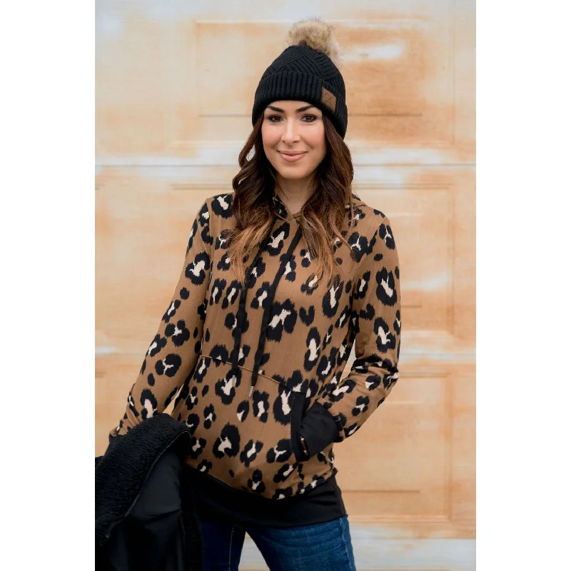 Versatile Casuals Winter Hoodie Solid Trim Leopard Print Hoodie