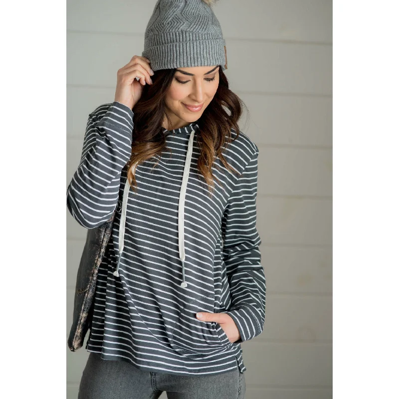 Comfy Chic Sporty Sweatshirt Hoodie Striped Pocket Hoodie - Charcoal