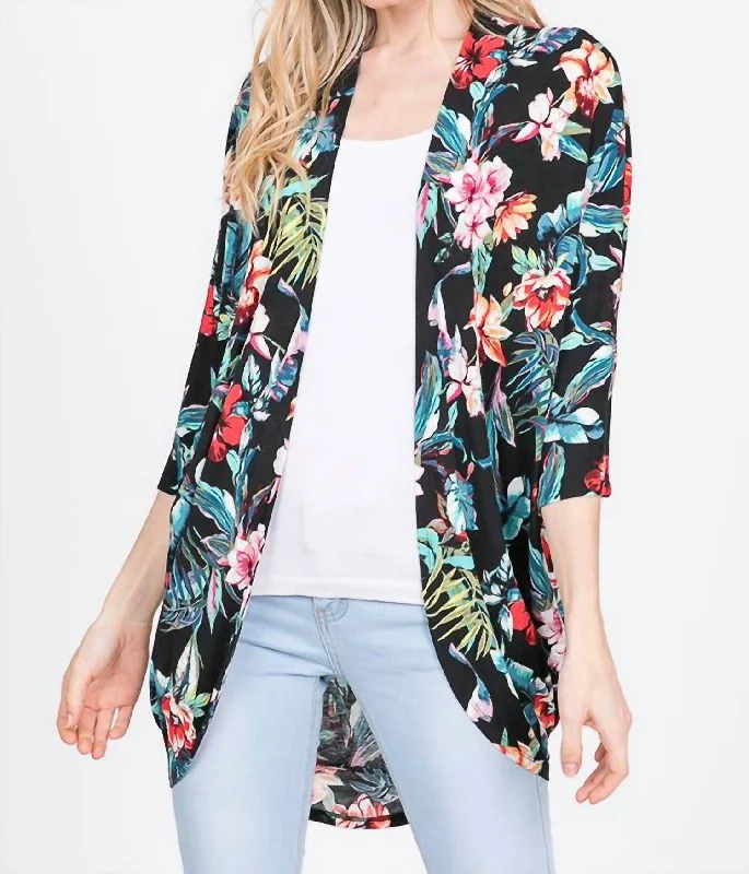 Cozy Footwear Chunky Knit Cardigan Tropical Plants Floral Bulgari Cardigan In Black