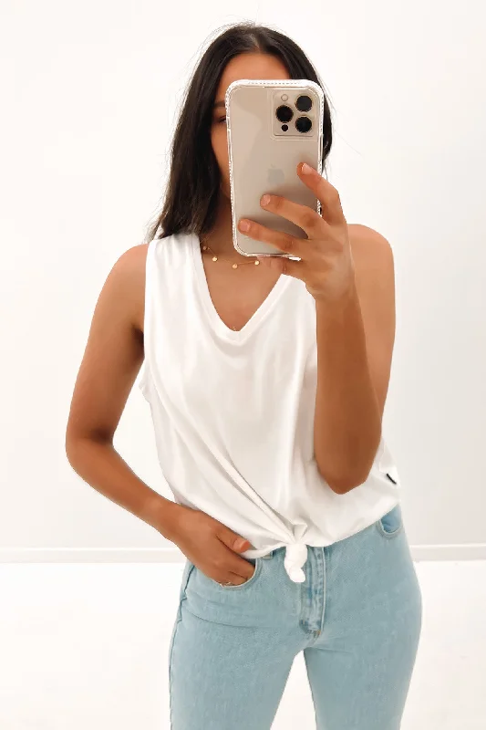 Soft Touch Lace-back women’s tank top V Neck Tie Tank White