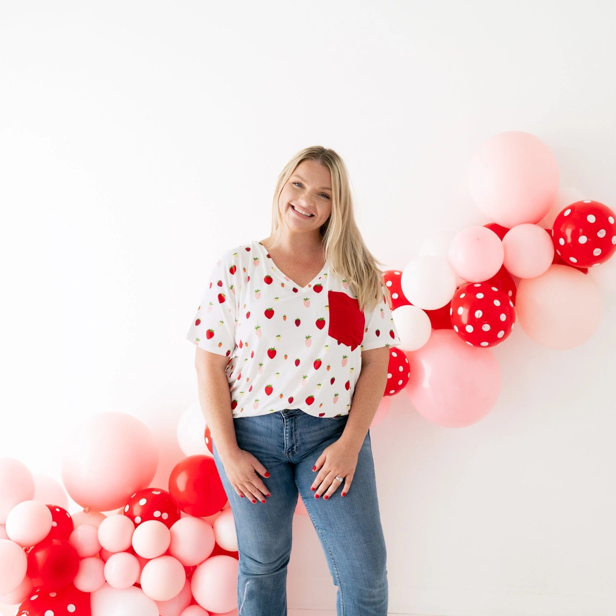 Versatile Wear Boutique style Women’s Relaxed Fit V-Neck in Strawberry