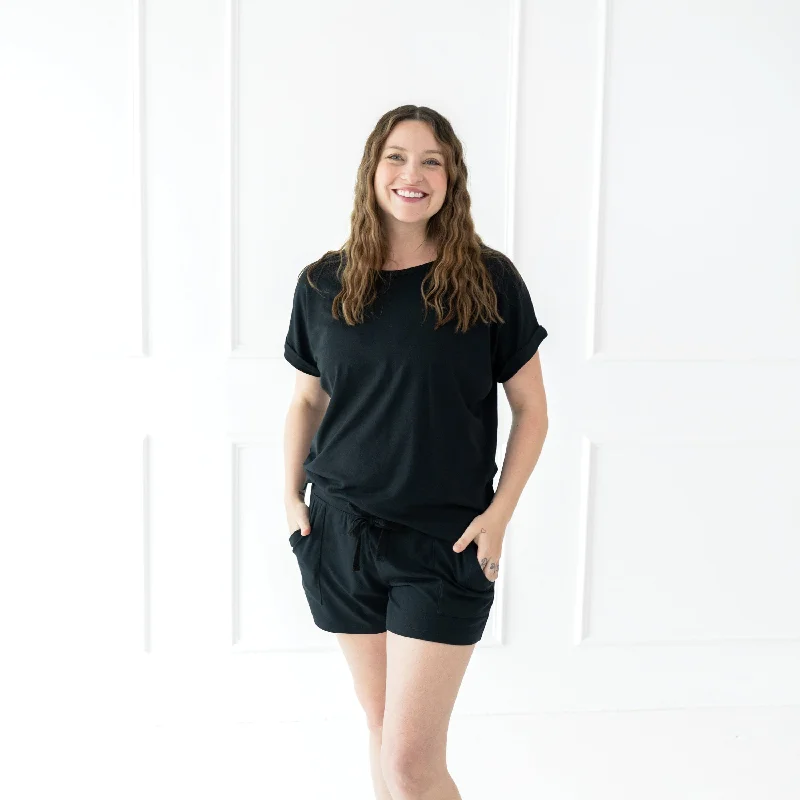 Soft Looks Simple solid color Women's Bamboo Jersey Rollup Sleeve Tee in Midnight