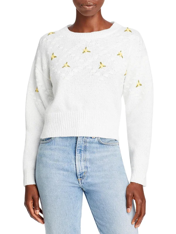 Easygoing Style knit Sweater Womens Embroidered Ribbed Trim Pullover Sweater