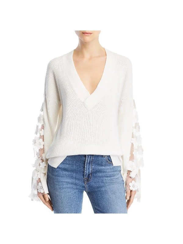 Stylish Ease Knitted Sweater with Mesh Panels Womens Lace Trim Long Sleeves Pullover Sweater