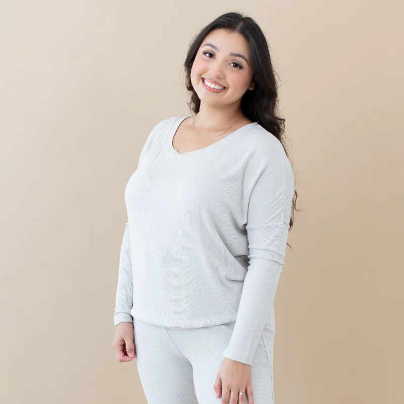 Casual Comfort Retro style Women's Ribbed Long Sleeve Drop Shoulder Top in Oat