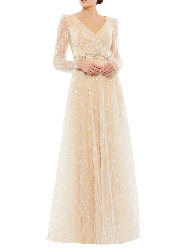 Layered Style A-line wrap dress Womens Sequined Maxi Evening Dress
