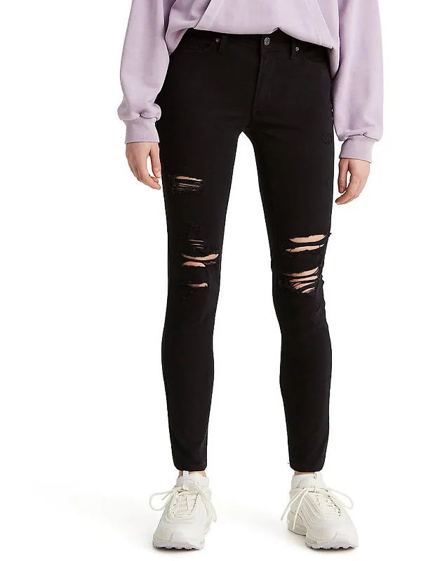 Soft Casuals Comfortable fleece pants 711 Womens Mid-Rise Distressed Skinny Jeans