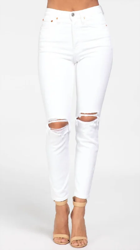 Versatile Wear 90S High Rise Ankle Crop In White Destroyed