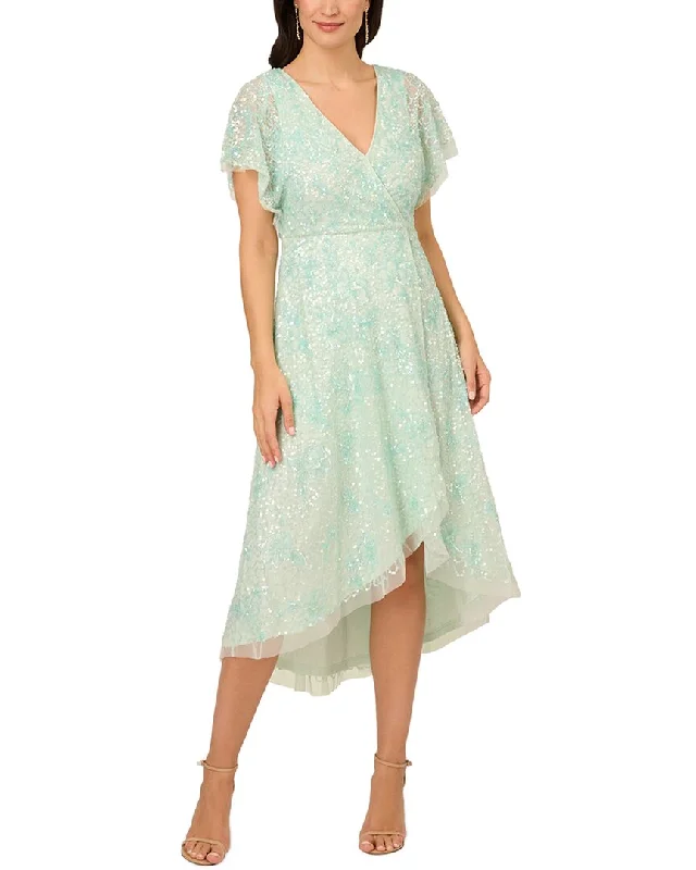 Elegant Wear Adrianna Papell Beaded Mesh Flutter Sleeve Wrap Dress