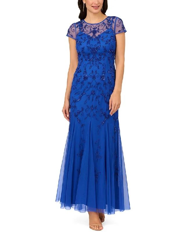 Light Comfort Adrianna Papell Beaded Mesh Illusion Godet Long Dress