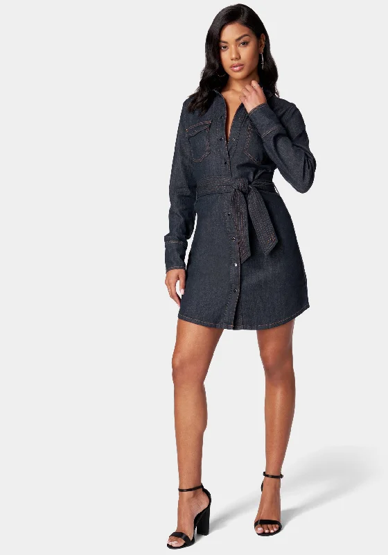 Chic Outfits Belted Button Down Denim Shirt Dress