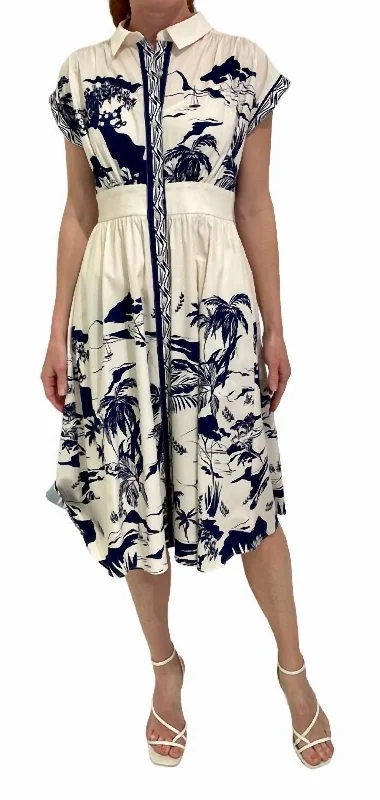 Soft Fabrics Belted Embroidered Midi Dress In Cream Navy