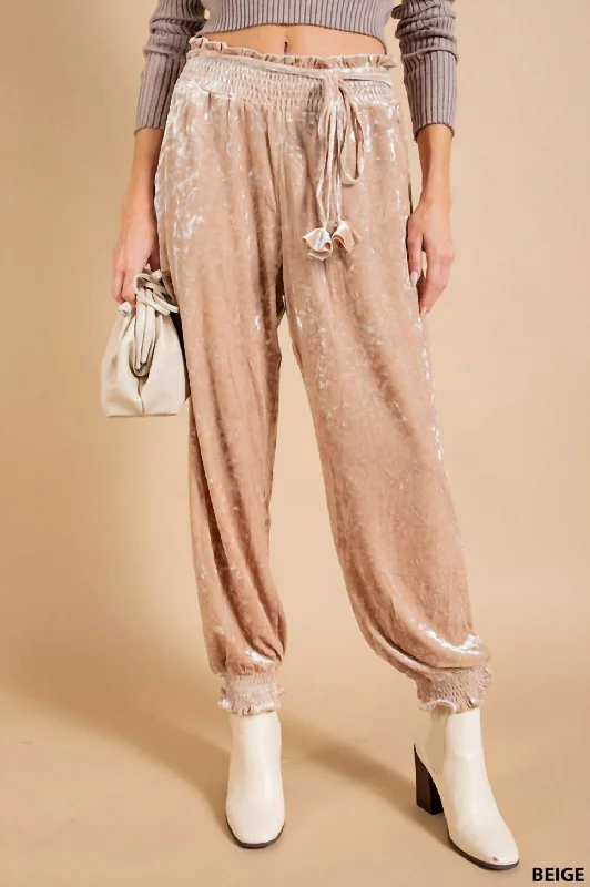 Comfortable Dresses Crinkle Velvet Jogger - Beige