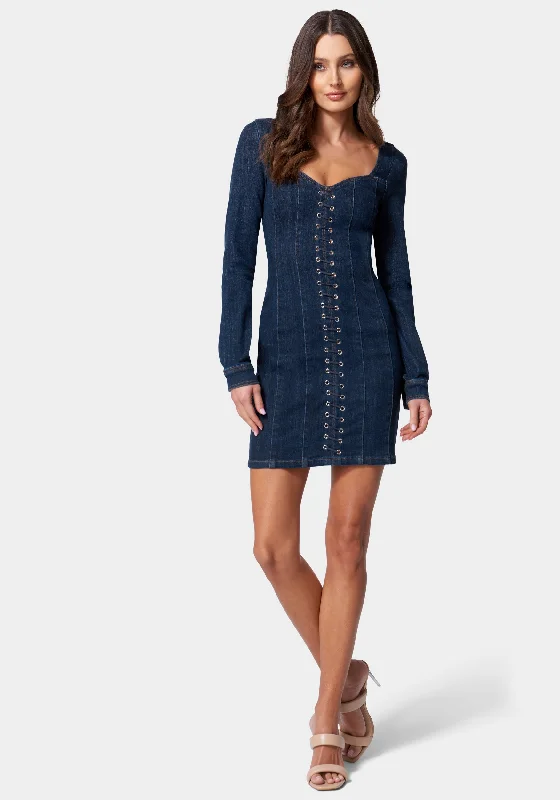 Soft Knitwear Eyelet Detail Denim Dress