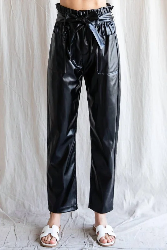 Casual Fit Faux Leather Belted Waist Pants In Black