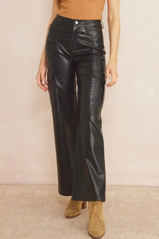 Lounge Chic Faux Leather Cargo Pant In Black