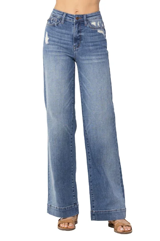 Easygoing Style Soft yoga pants High Waist Mild Destroy Wide Leg Trouser Jean In Medium Wash Easygoing Style Soft yoga pants High Waist Mild Destroy Wide Leg Trouser Jean In Medium Wash