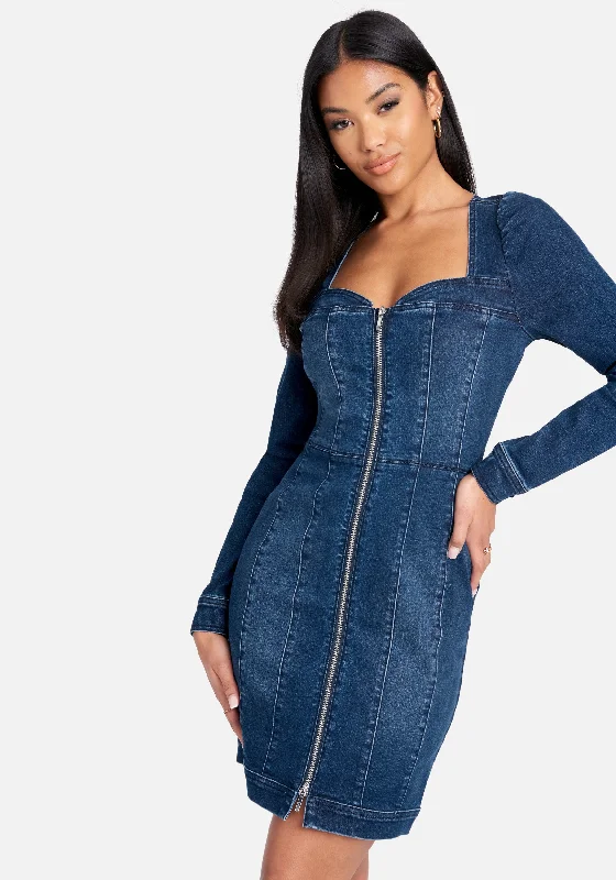 Cozy Fashion Long Sleeve Zip Front Bustier Denim Dress