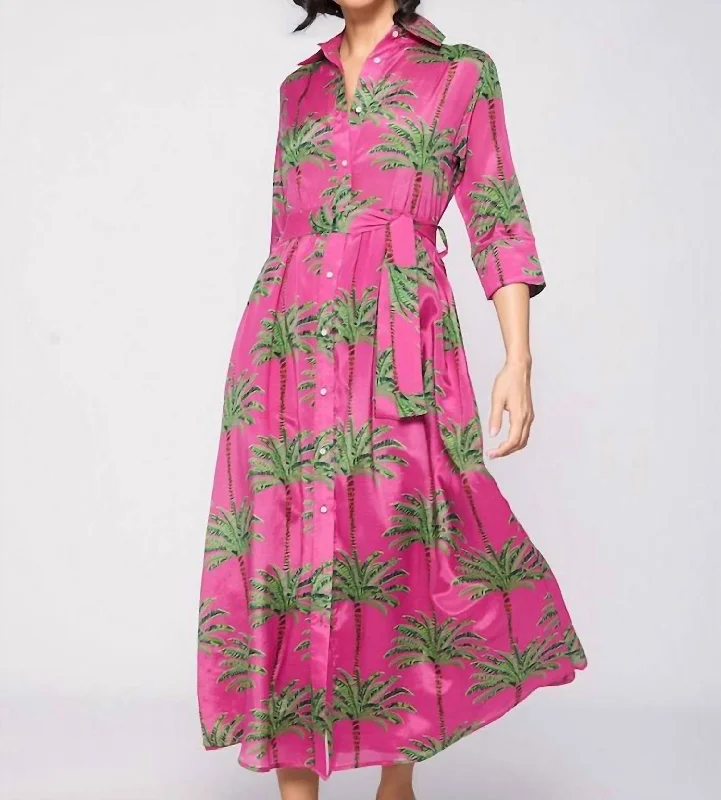 Effortless Looks Natalia Palm Midi Dress In Pink Multi