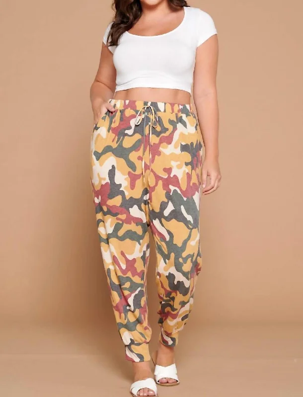 Chic Comfort Plus Army Joggers In Mustard/burgundy