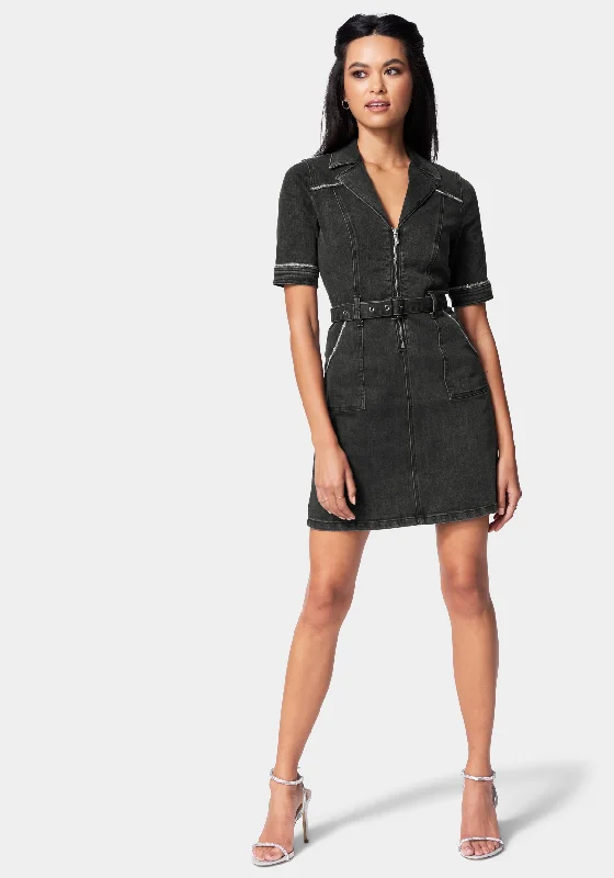 Trendy Dresses Rhinestone Trim Denim Dress