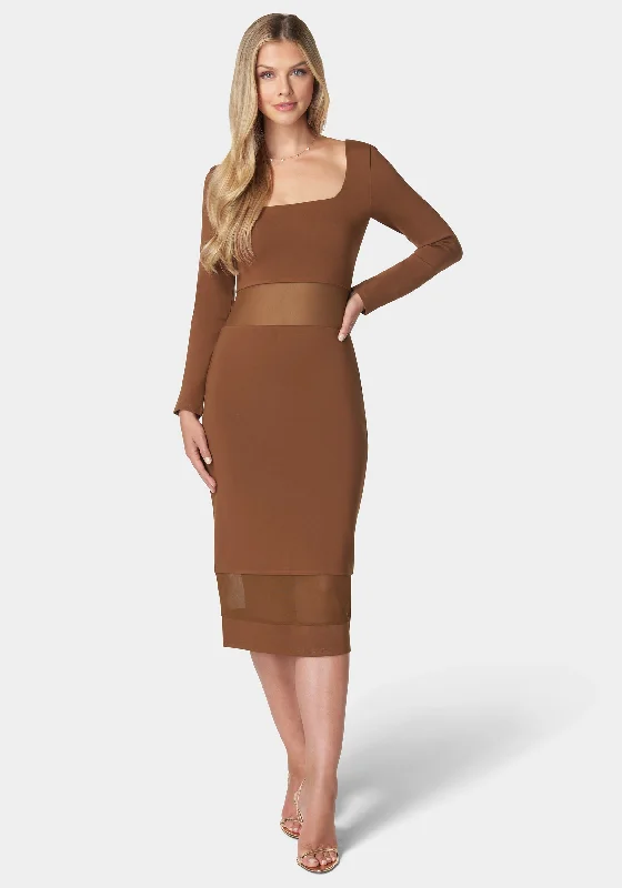 Sporty Elegance Square Neck Mesh Inset Dress