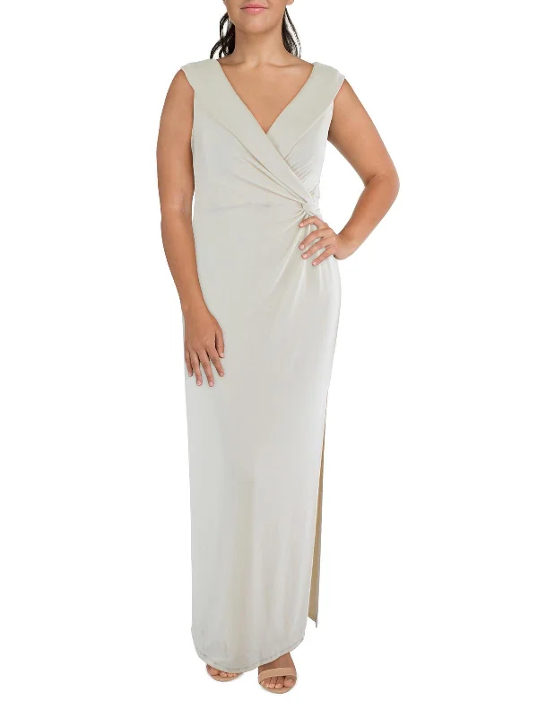 Layered Comfort Womens Jersey Off-The-Shoulder Evening Dress