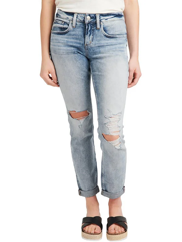 Chic Relaxation Stretchable leggings Womens Mid-Rise Destroyed Boyfriend Jeans