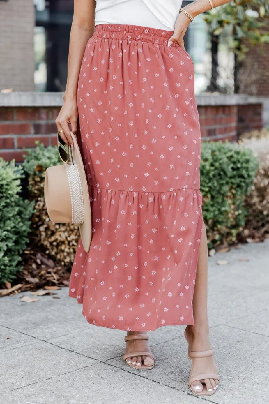 Easygoing Style High-rise flared skirt A Beautiful Day Rust Printed Maxi Skirt